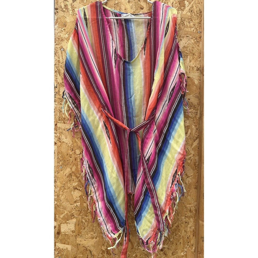Billabong Womens Poncho Top M/L Rainbow Southwestern Boho Tasseled Fringe